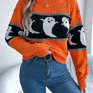 Halloween Women's Autumn and Winter Casual Striped Contrasting Ghost Pattern Long Sleeved Pullover Sweater