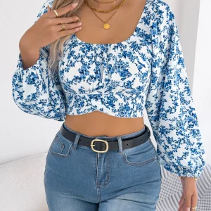 Woman Elegant Floral Print Crop Tops for 2025 Spring Summer Square Neck Lace Up Lantern Long Sleeve Chiffon Blouse