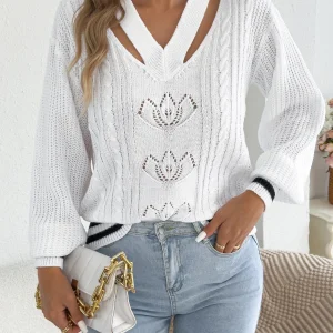Autumn Winter V Neck Floral Hollow Out Striped Sweaters Women 2025 Casual Lantern Long Sleeve Knitted Pullover White Orange Red