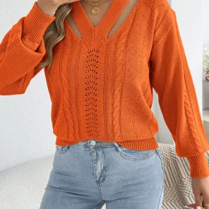 Women's Solid Color Hollow Out Twist Knitted Sweaters V Neck Lantern Long Sleeve Pullover 2025 Autumn Winter Clothes Casual