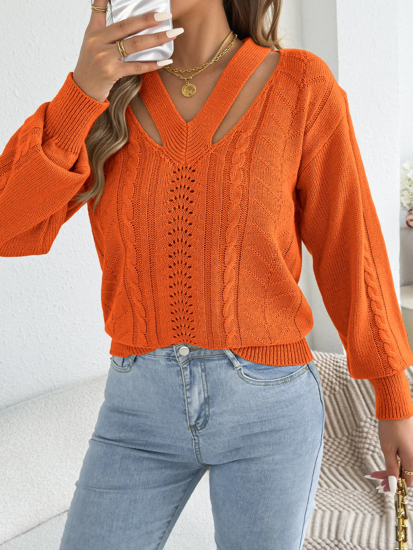 Women's Solid Color Hollow Out Twist Knitted Sweaters V Neck Lantern Long Sleeve Pullover 2025 Autumn Winter Clothes Casual