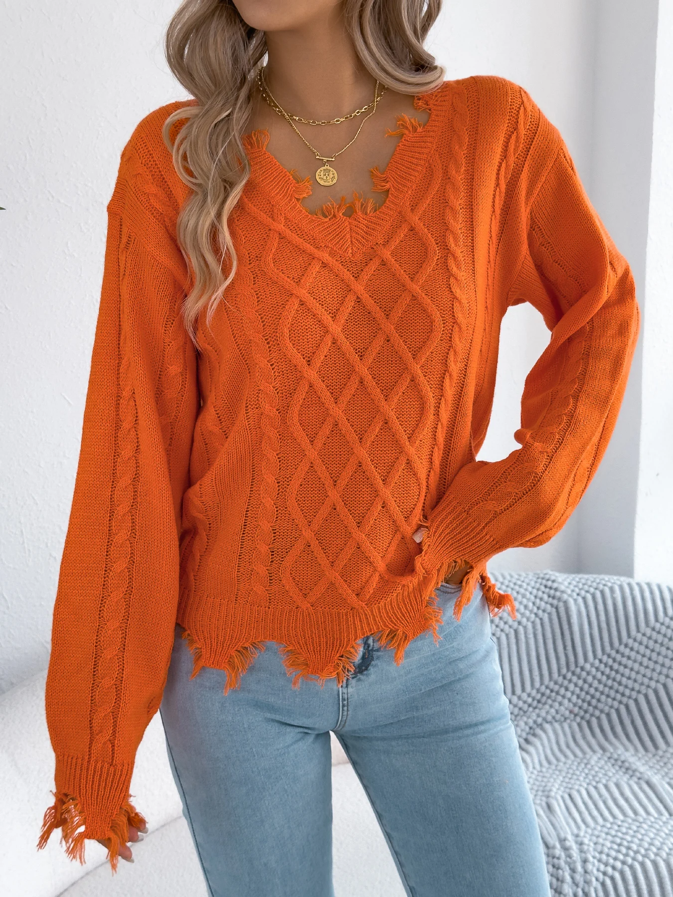 Women's V Neck Ripped Tassel Sweaters 2025 Autumn Winter Casual Solid Color Lantern Long Sleeve Twist Knitted Tops Orange Red