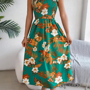 Spring Summer Floral Print Long Dress Lace up Sleeveless Vacation Dresses for Women