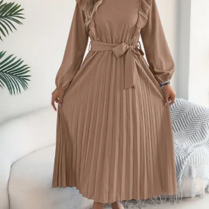 Spring Summer Casual Vacation Long Sleeve Waist Cinched Pleated Dress Women's Elegant A-Line Midi Dresses