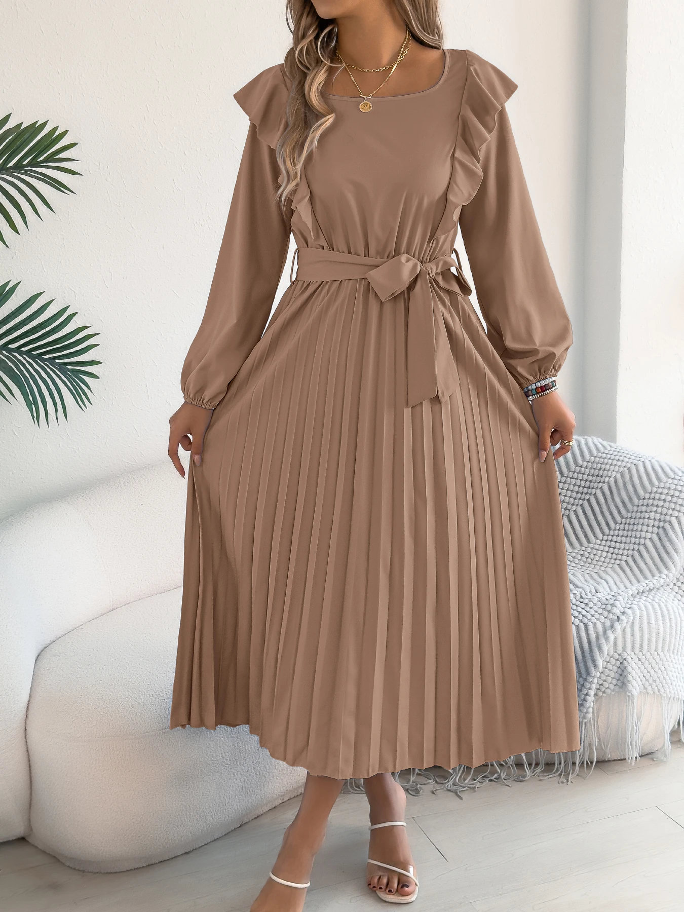Spring Summer Casual Vacation Long Sleeve Waist Cinched Pleated Dress Women's Elegant A-Line Midi Dresses