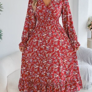 Elegant Floral Dress Woman 2025 Autumn Winter V Neck Long Flared Sleeves Ruffled Maxi Dress Women Clothing