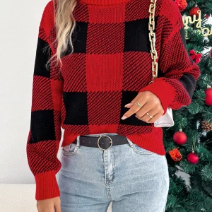Christmas Women's Clothing Autumn and Winter Casual Elegant Contrasting Color Plaid High Neck Long Sleeved Pullover Sweater