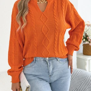 2025 Women's Metal Chain Decoration V Neck Sweaters Autumn Winter Casual Solid Color Lantern Long Sleeve Twist Knitted Tops